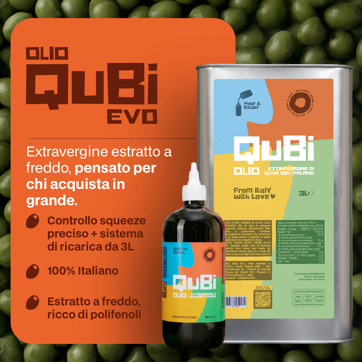 QuBi Kit Ricarica con Squeeze da 500 ml e Latta da 3 L