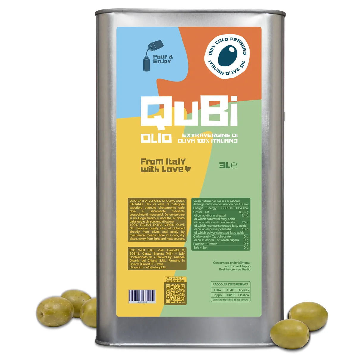 Latta da 3 litri QuBi olio extravergine di oliva 100% italiano
